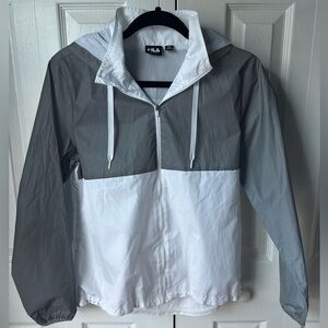 Fila Sport reflective gray and white wind breaker with hood size XS